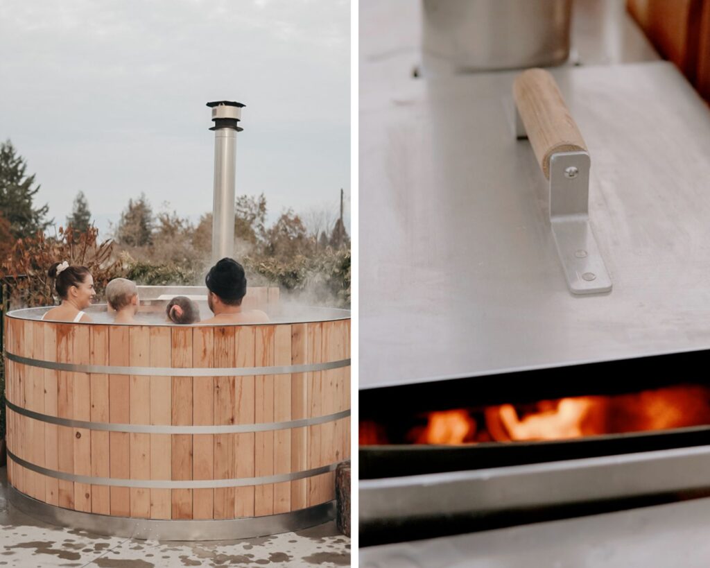 Family in wood fire hot tub