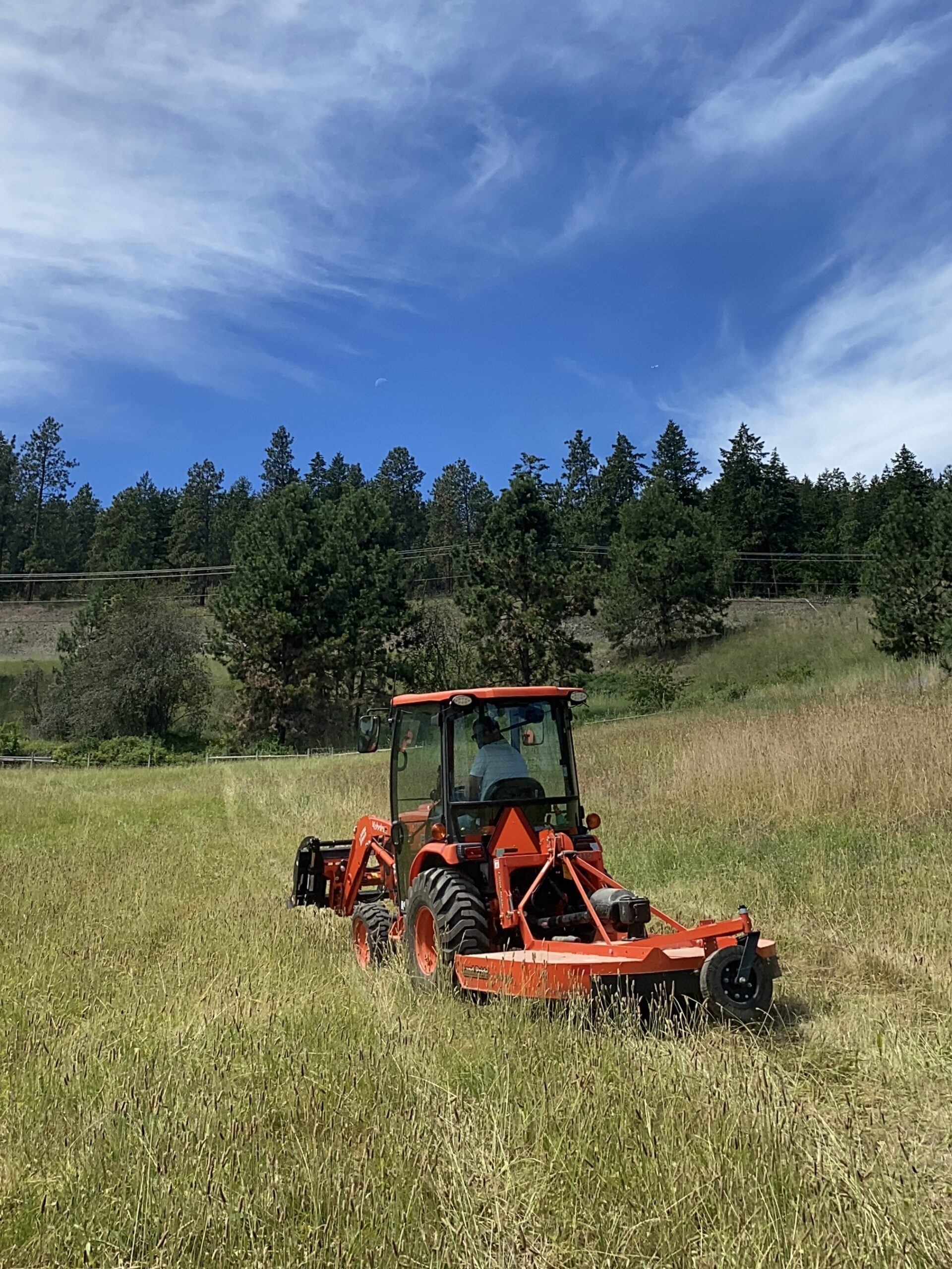 Photo of Justin Pasutto in the Kubota tractor driving into a pasture field with the grass cutter behind the tractor. farm progress.
